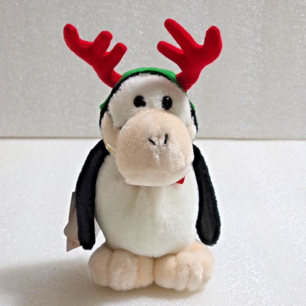 Opus N' Bill Penguin Christmas Reindeer Ears Red Bow Plush Vintage 1995 8" New